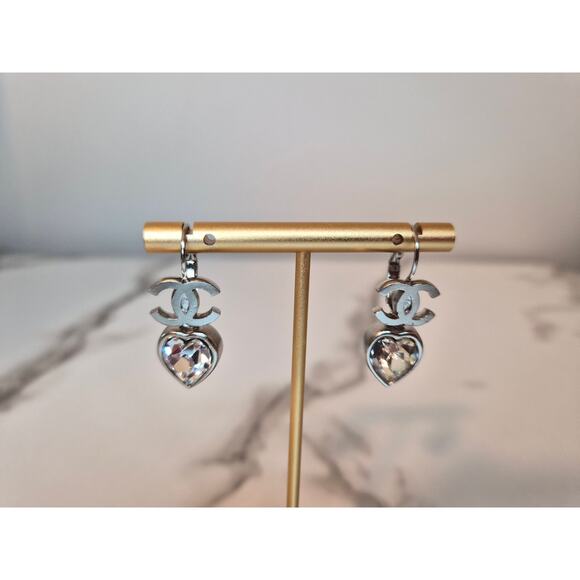 Chanel Coco Mark Heart Motif Dangle Silver Earrings - Picture 1 of 5